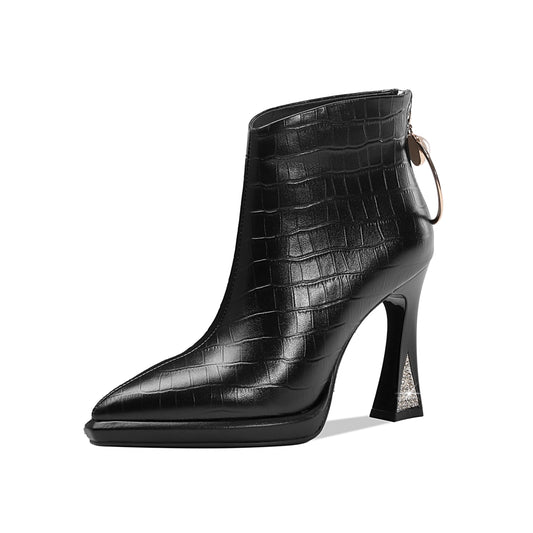 Nine Seven Women's Genuine Leather Pointed Toe Handmade Back Zipper with Ring High Heels Chic Ankle Boots