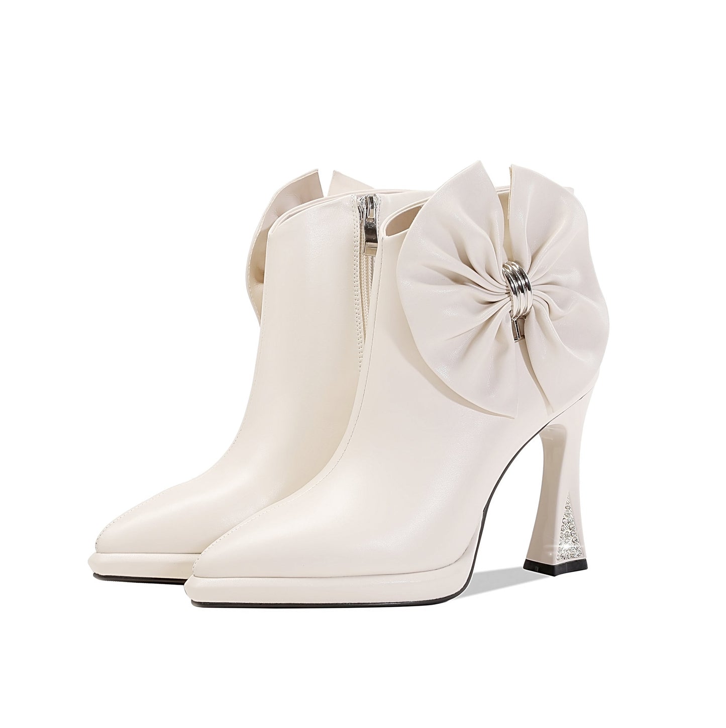 Nine Seven Women's Pointed Toe Genuine Leather Handmade Side Zipper High Heels Stylish Ankle Boots with Bowknot