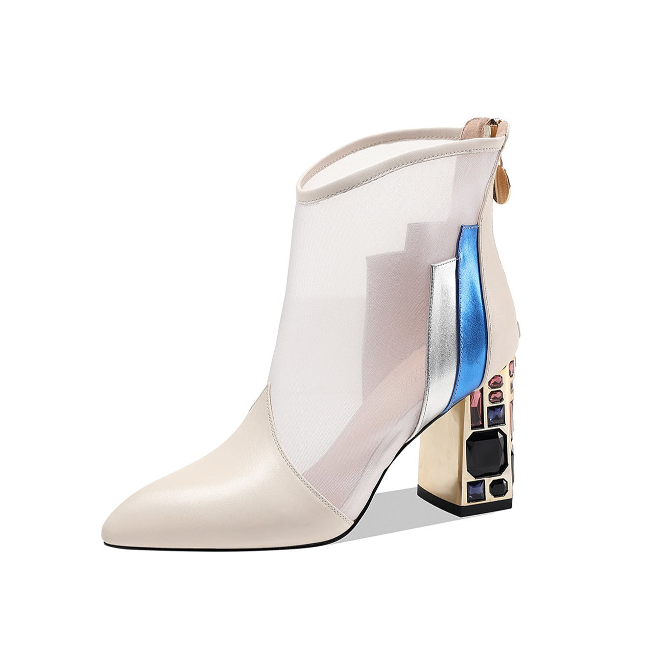 Nine Seven Women's Genuine/Suede Leather with Mesh Handmade Back Zipper High Chunky Heels Summer Boots with Jewelry