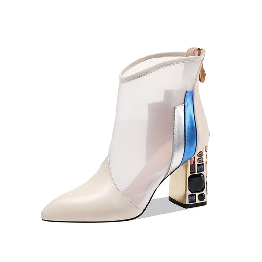 Nine Seven Women's Genuine/Suede Leather with Mesh Handmade Back Zipper High Chunky Heels Summer Boots with Jewelry