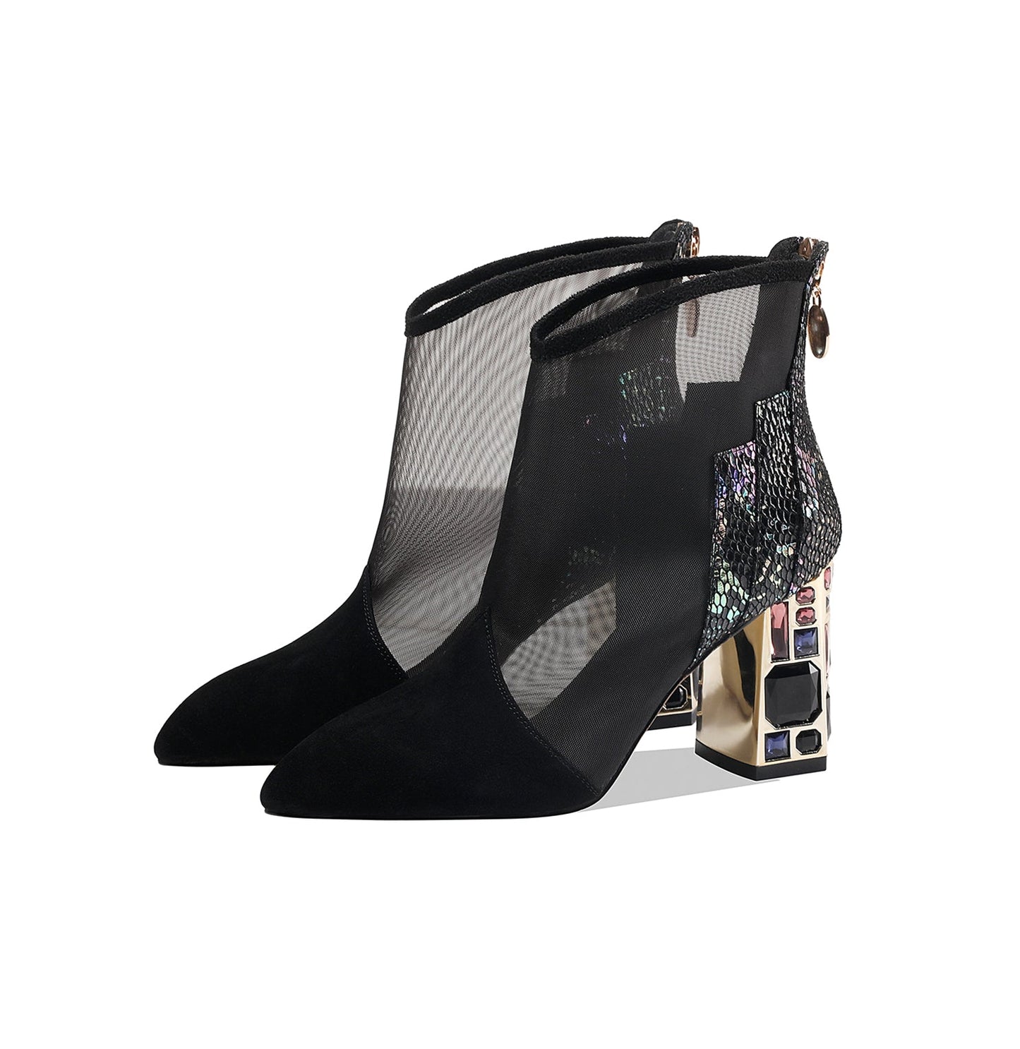 Nine Seven Women's Genuine/Suede Leather with Mesh Handmade Back Zipper High Chunky Heels Summer Boots with Jewelry