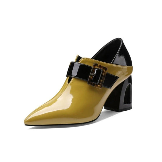 Nine Seven Women's Handmade Glossy Patent Leather Pointed Toe Mid Block Heel Assorted Color Pump Shoes with Buckle Desor