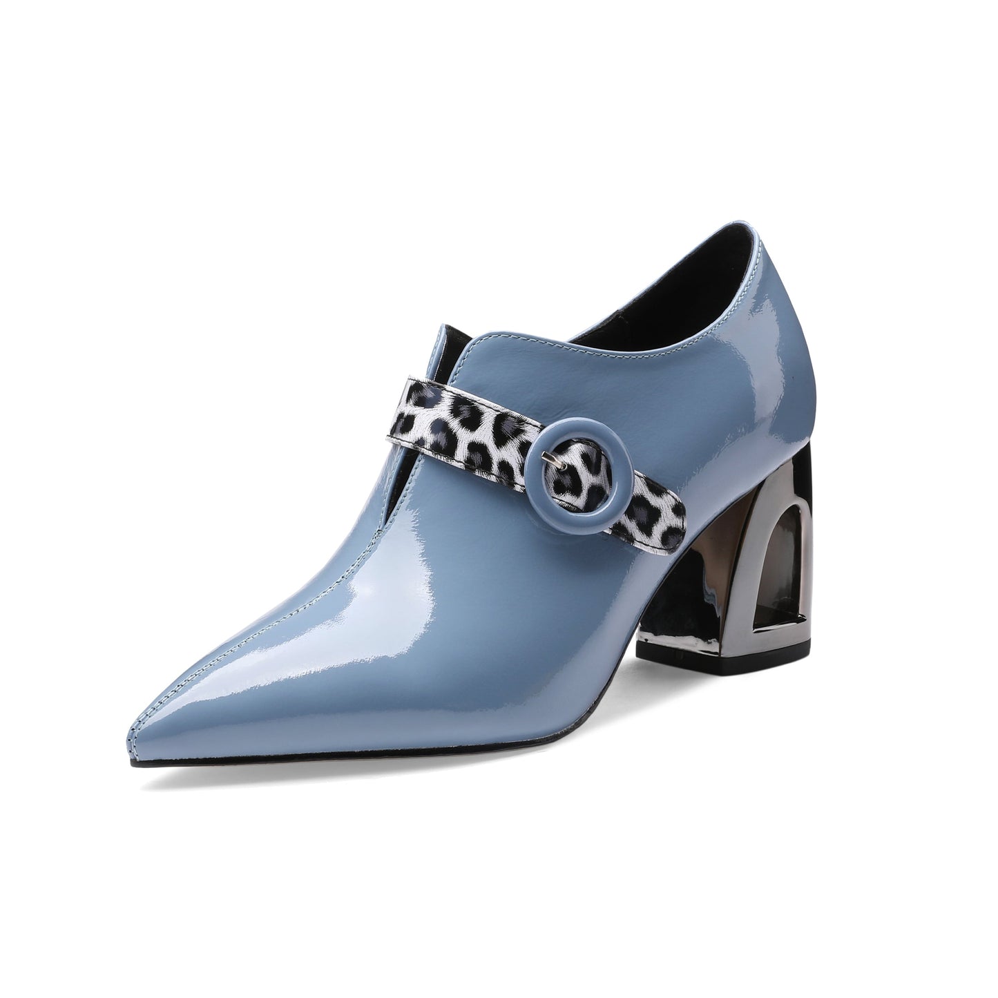 Nine Seven Women's Handmade Patent Leather Pointed Toe Mid Chunky Heel V-Shaped Side Zip Up Pumps with Modern Buckle Decor