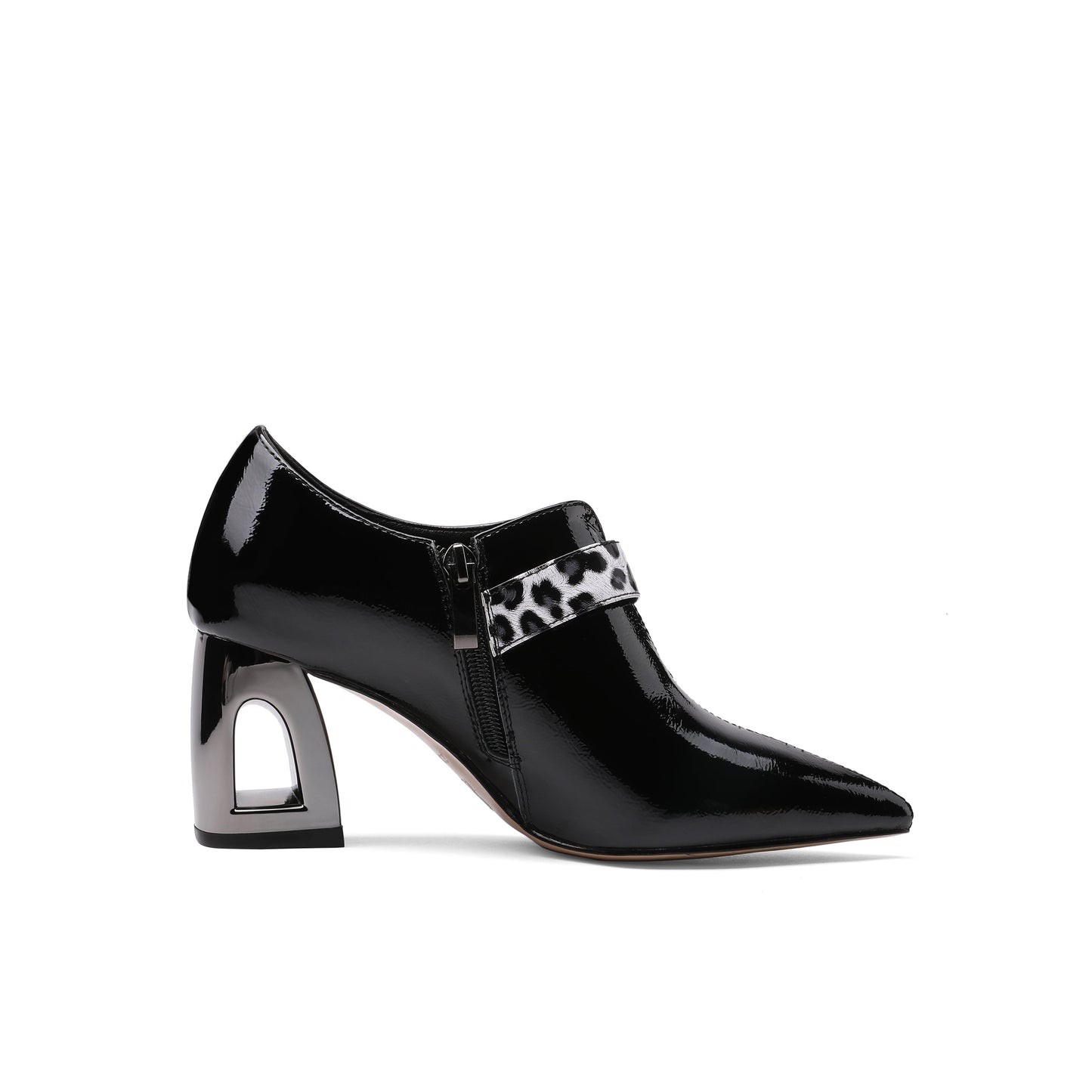 Nine Seven Women's Handmade Patent Leather Pointed Toe Mid Chunky Heel V-Shaped Side Zip Up Pumps with Modern Buckle Decor