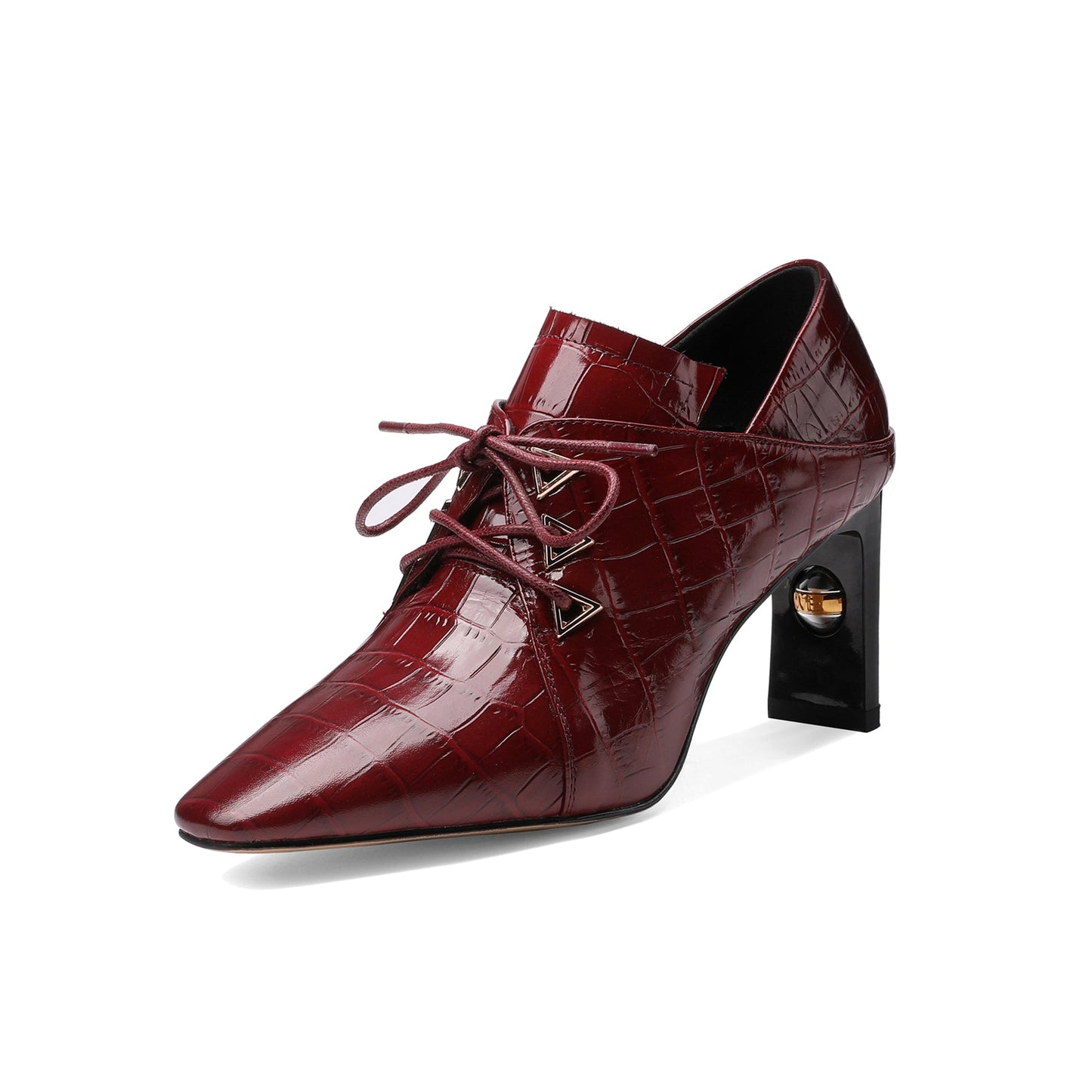 Nine Seven Women's Handmade Embossed Genuine Leather Square Toe Exquisite High Heel Lace Up Plus-Size Pump Shoes