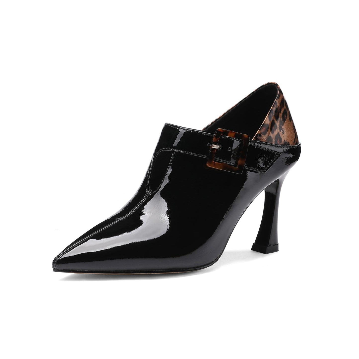 Nine Seven Women's Handmade Patent Leather Elegant Pointed Toe Buckled Mid Heel Pumps with Leopard Print