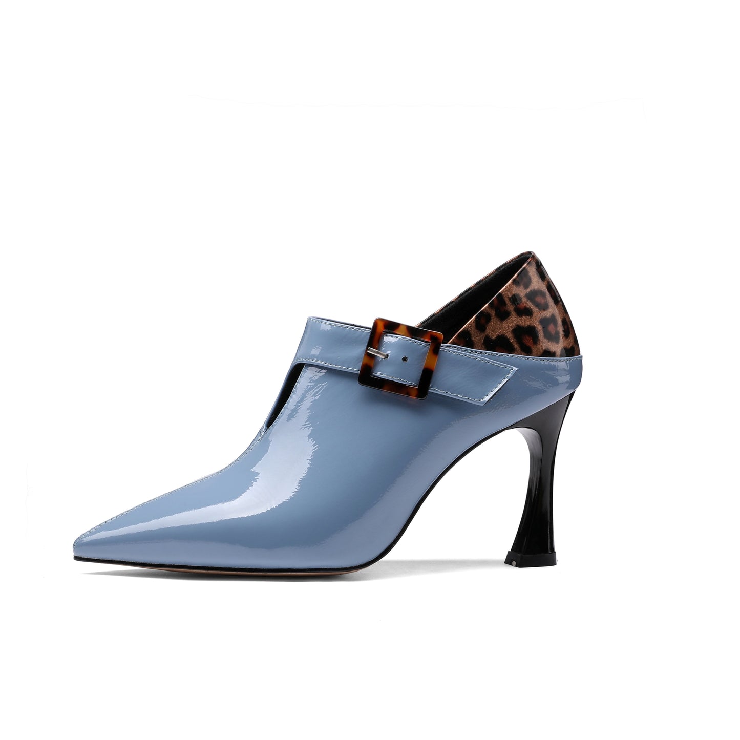 Nine Seven Women's Handmade Patent Leather Elegant Pointed Toe Buckled Mid Heel Pumps with Leopard Print