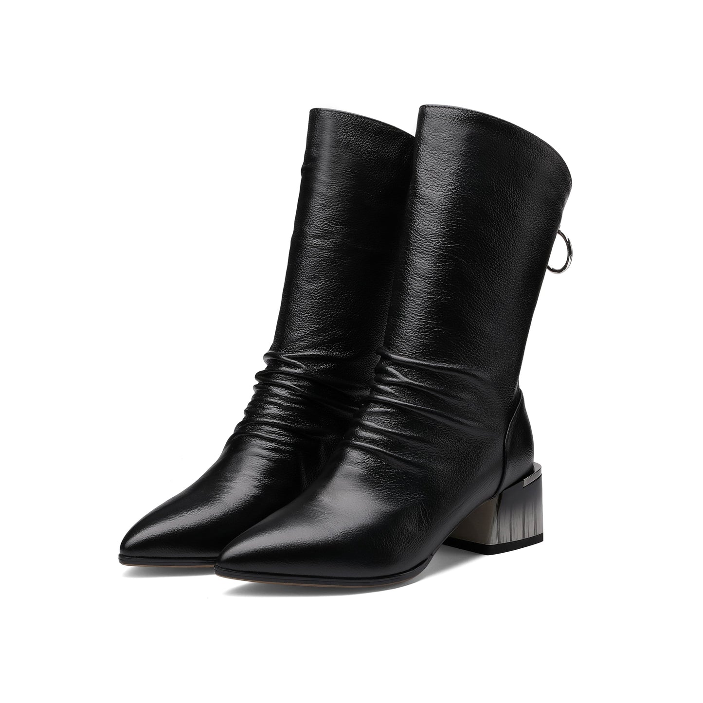 Nine Seven Women's Handmade Genuine Leather Pointed Toe Gradient Color Mid Block Heel Back Zip Up Trendy Ruffle Mid-Calf Boots