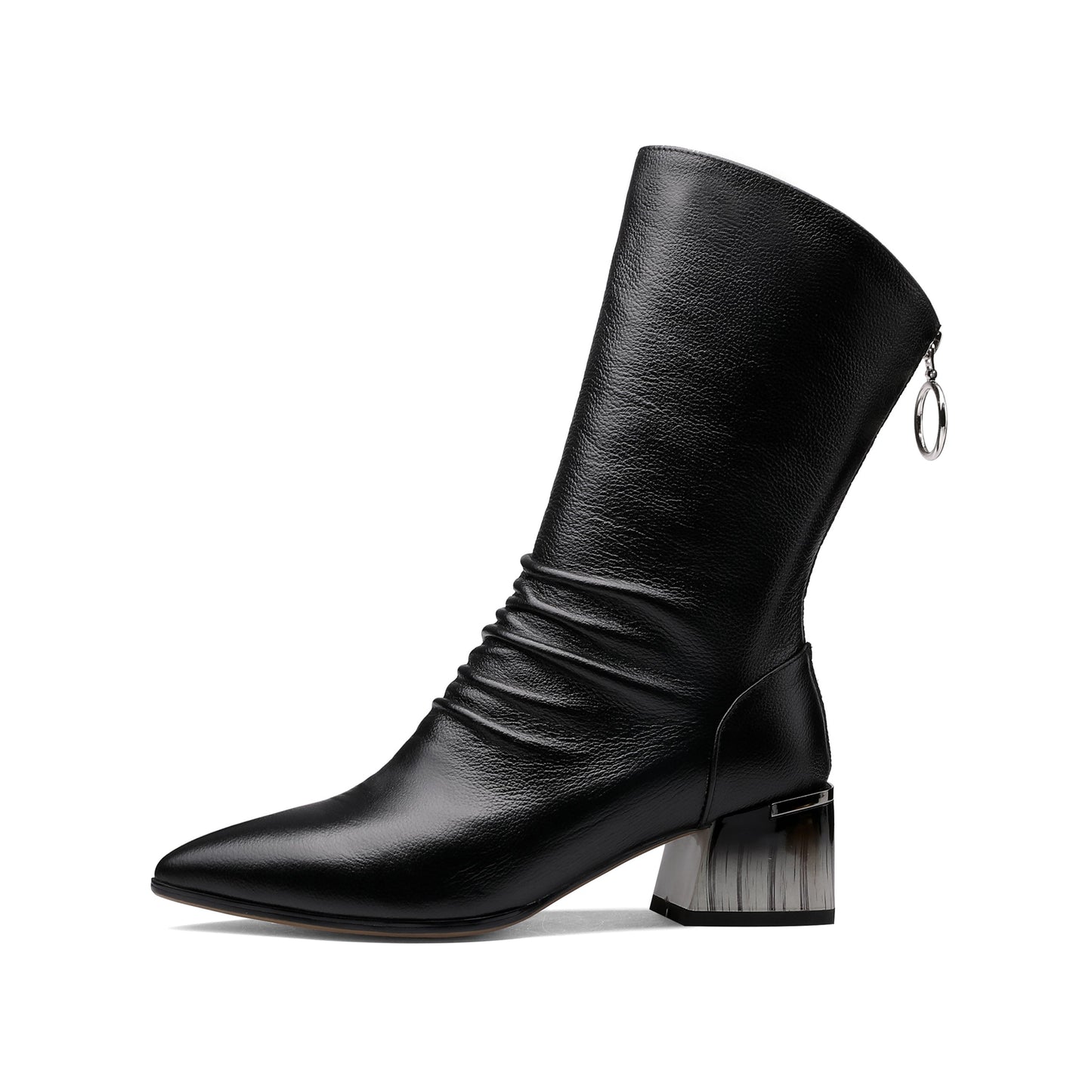 Nine Seven Women's Handmade Genuine Leather Pointed Toe Gradient Color Mid Block Heel Back Zip Up Trendy Ruffle Mid-Calf Boots