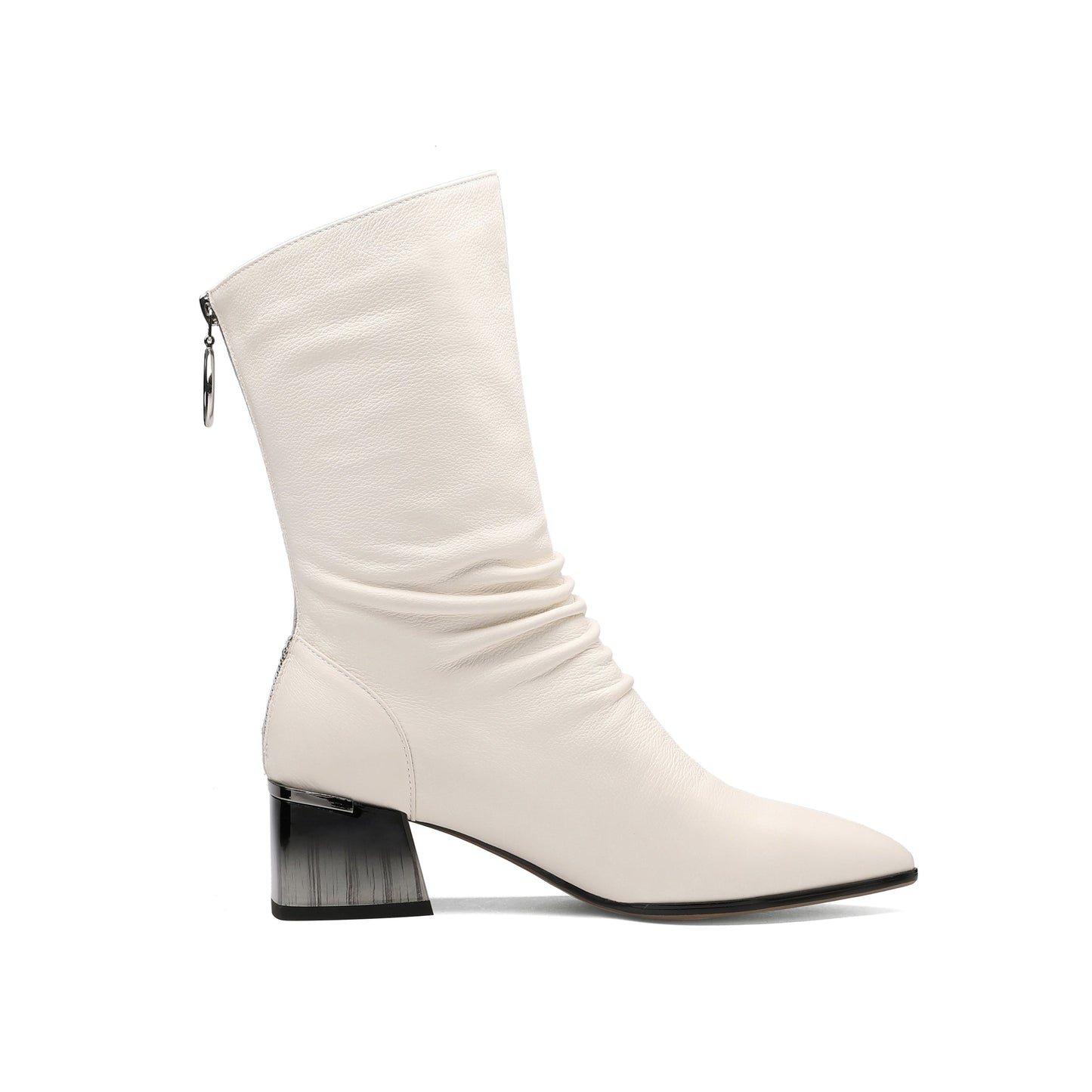 Nine Seven Women's Handmade Genuine Leather Pointed Toe Gradient Color Mid Block Heel Back Zip Up Trendy Ruffle Mid-Calf Boots