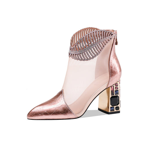 Nine Seven Women's Genuine/Suede Leather with Mesh Pointed Toe Handmade Jewel High Chunky Heel Chic Ankle Boots with Back Zipper