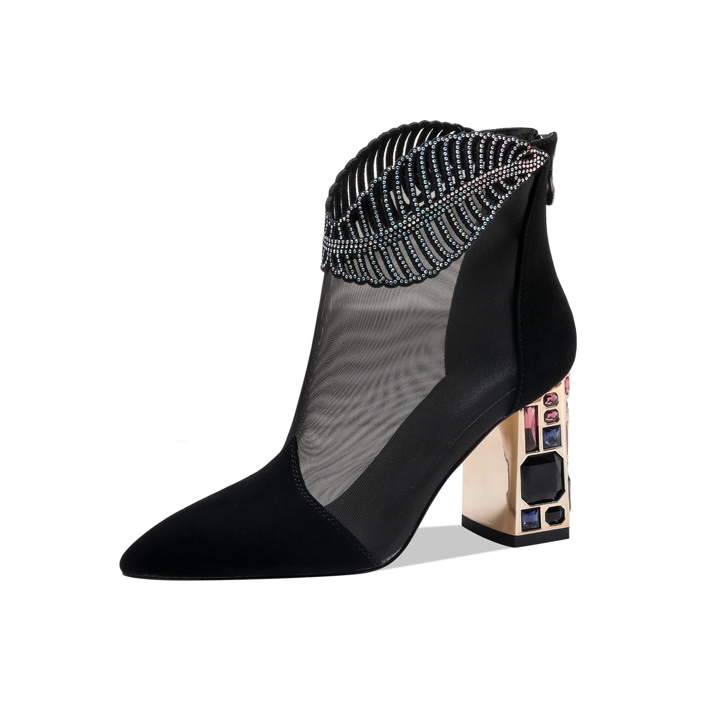 Nine Seven Women's Genuine/Suede Leather with Mesh Pointed Toe Handmade Jewel High Chunky Heel Chic Ankle Boots with Back Zipper