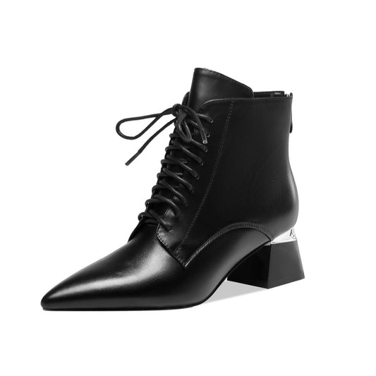 Nine Seven Women's Pointed Toe Genuine Leather Handmade Selftie Back Zipper Low Chunky Heels Casual Ankle Boots