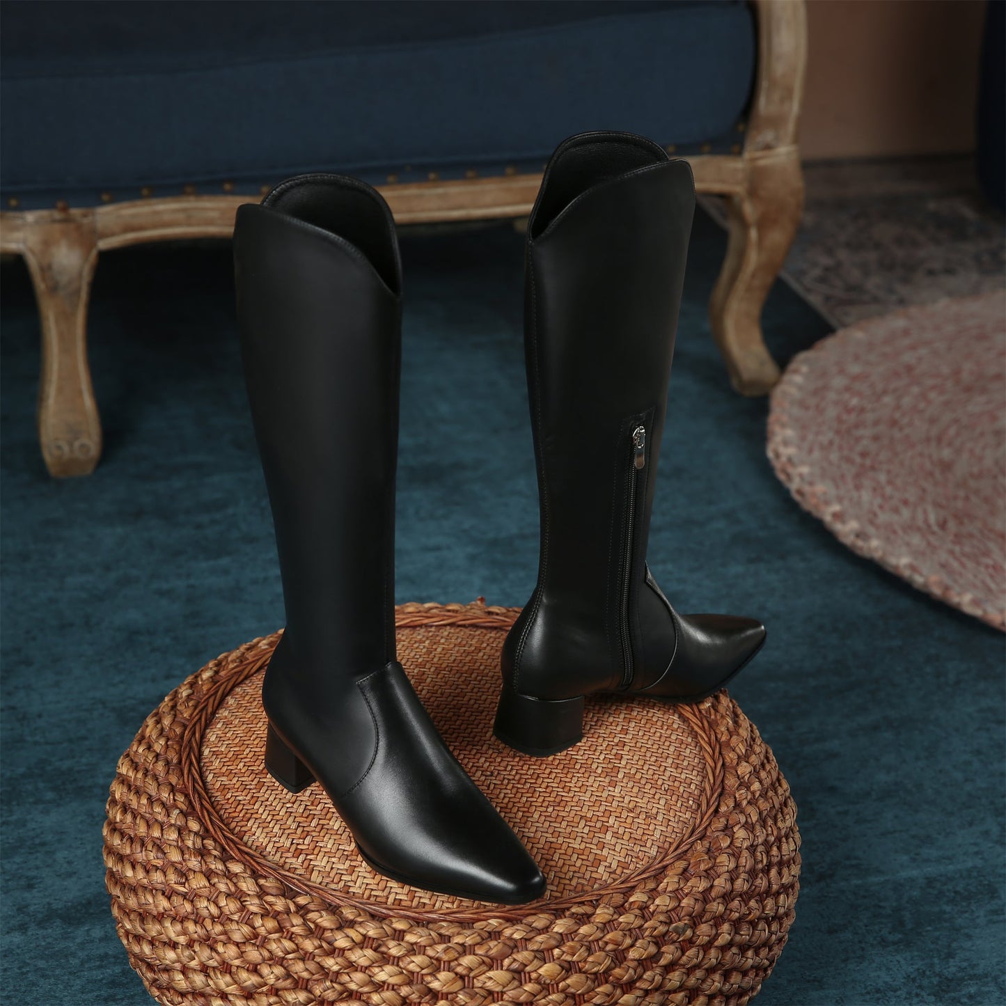 Nine Seven Women's Handmade Leather Comfortable Chunky Heel Side Half Zipper Round Toe Knee-High Boots