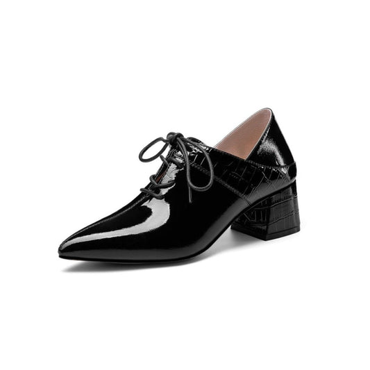 Nine Seven Women's Patent Leather Handmade Pointed toe Lace Up Comfort Low Chunky Heel Plus-size Pumps