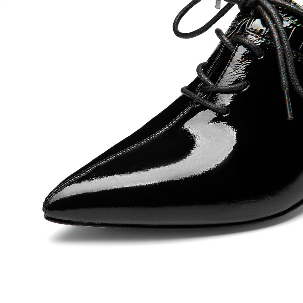 Nine Seven Women's Patent Leather Handmade Pointed toe Lace Up Comfort Low Chunky Heel Plus-size Pumps