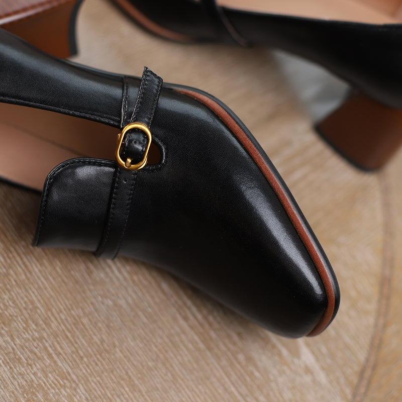 Nine Seven Women's Genuine Leather Square Toe Handmade Buckle Mid Chunky Heels Vintage Pumps Shoes