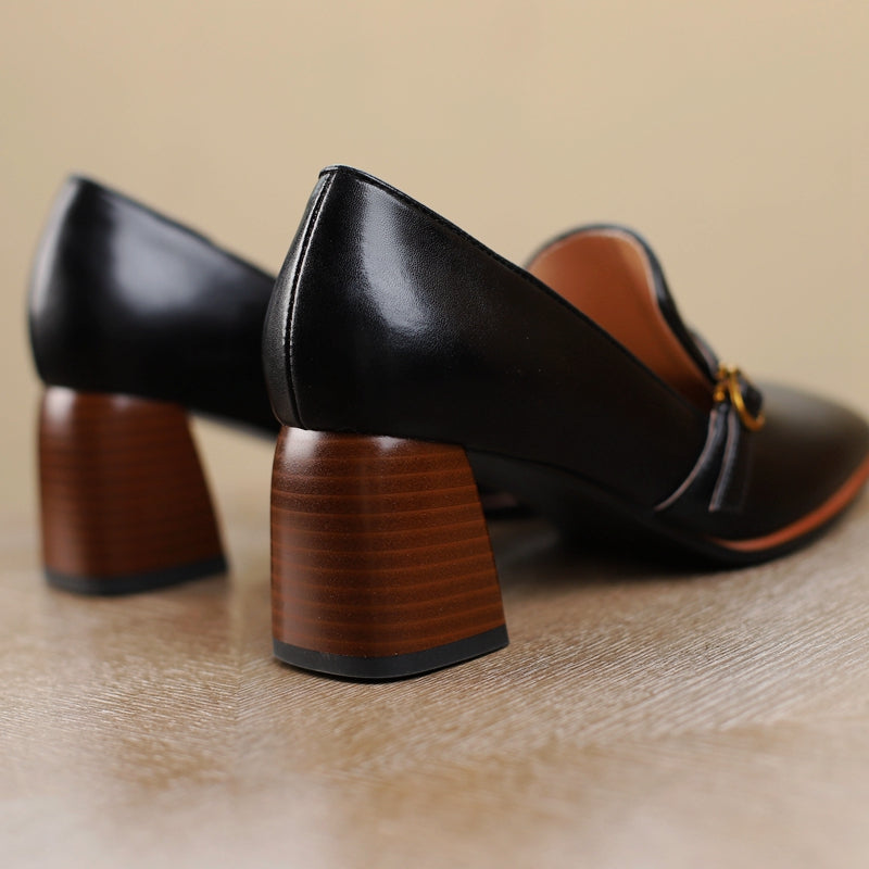 Nine Seven Women's Genuine Leather Square Toe Handmade Buckle Mid Chunky Heels Vintage Pumps Shoes