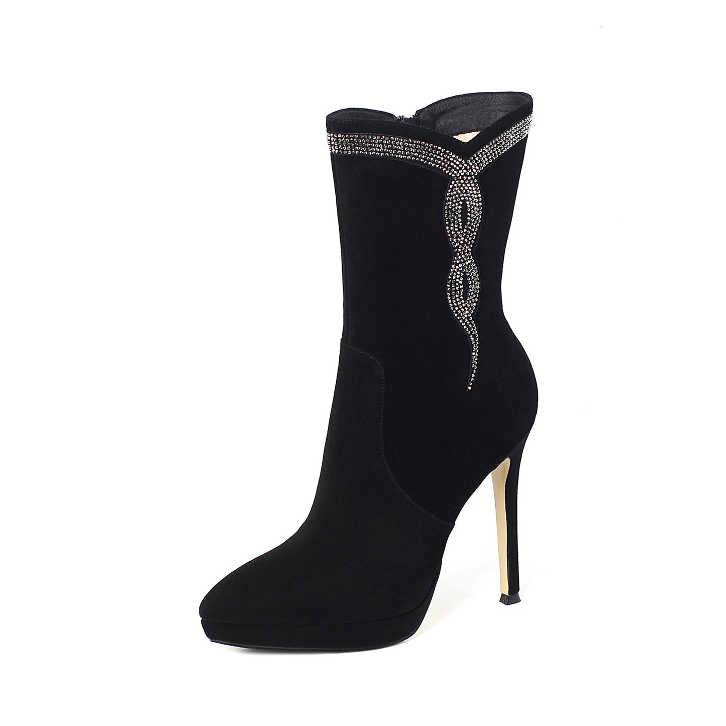 Nine Seven Women's Handmade Leather Glitter Pattern Decor Pointed Toe Spikes-Stiletto High Heel Platform Side Zip Up Sexy Mid-Calf Boots