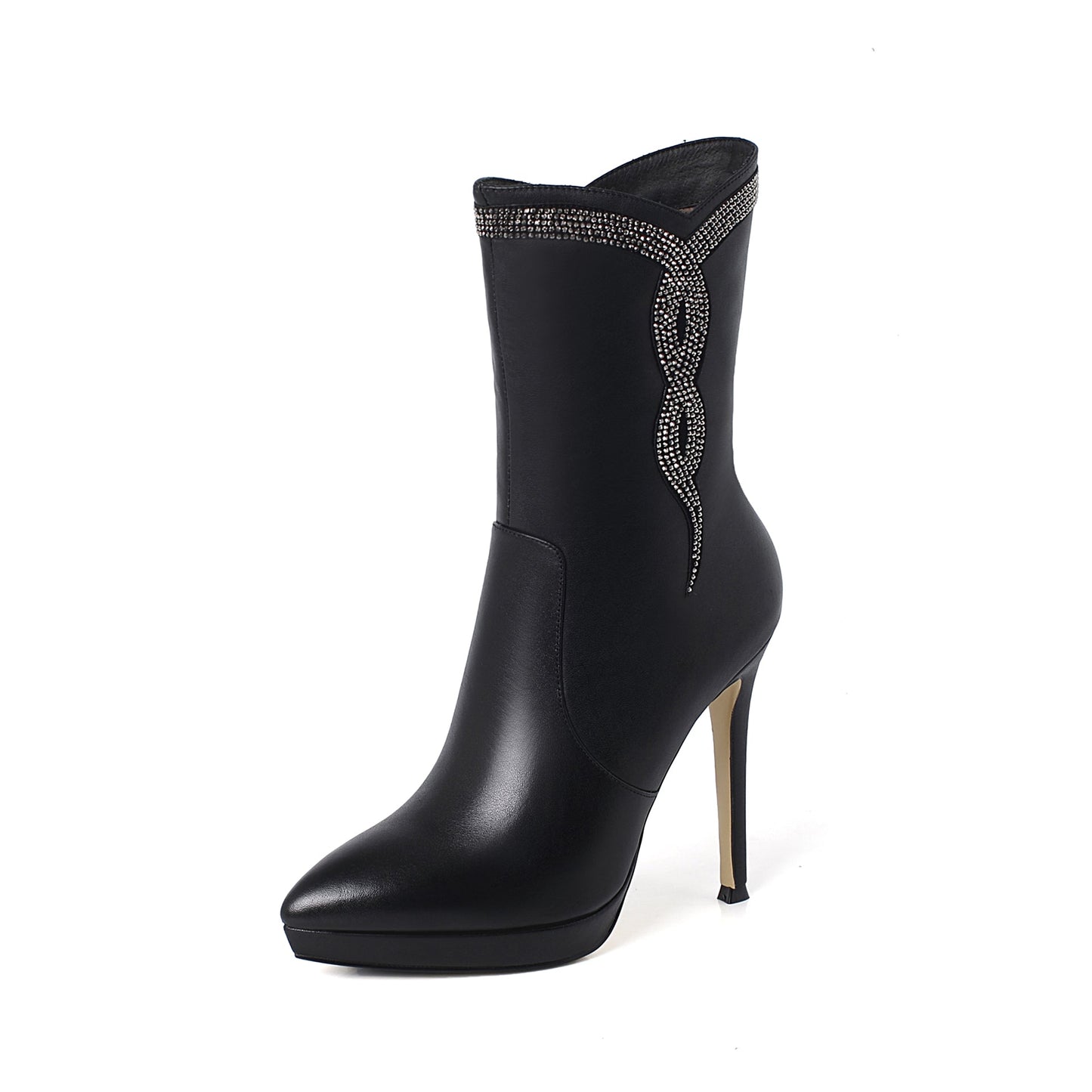 Nine Seven Women's Handmade Leather Glitter Pattern Decor Pointed Toe Spikes-Stiletto High Heel Platform Side Zip Up Sexy Mid-Calf Boots