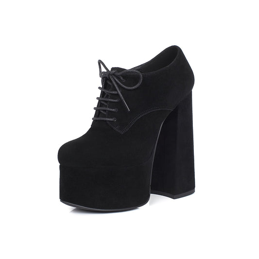 Nine Seven Women's Leather Handmade Pointed Toe Supper High Chunky Heel Lace Up Pump Shoes