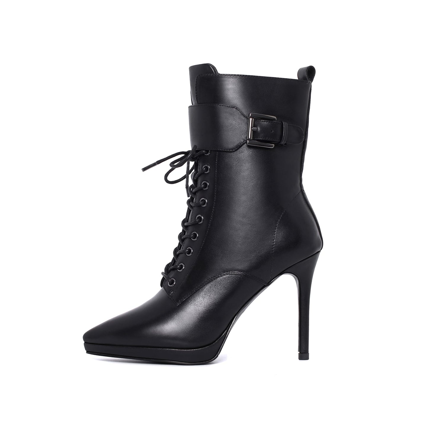 Nine SevenWomen's Genuine Leather Handmade Comfortable Stiletto High Heel Pointed Toe Zip Up Mid-Calf Boots with Buckle and Band