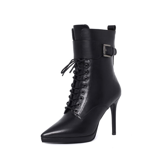Nine SevenWomen's Genuine Leather Handmade Comfortable Stiletto High Heel Pointed Toe Zip Up Mid-Calf Boots with Buckle and Band