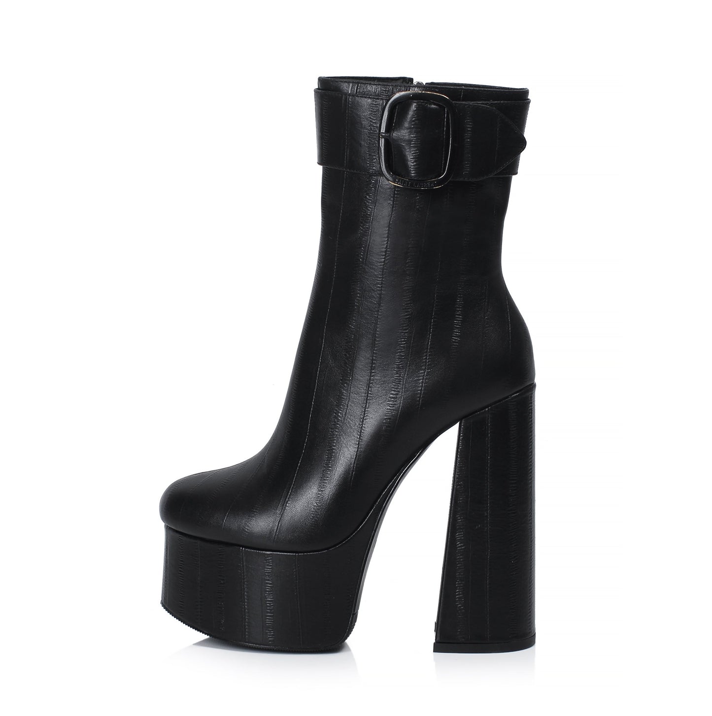 Nine Seven Women's Handmade Genuine Leather Round Toe Side Zip Up Sexy Supper High Chunky Heel Cool Buckle Black Calf High Boots with Platform