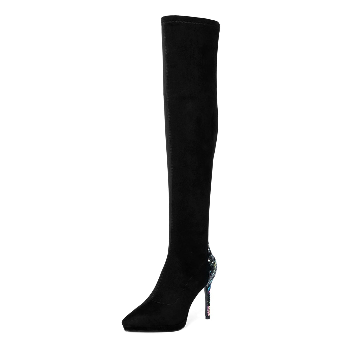 Nine Seven Women's Handmade Suede Leather Pointed Toe Sexy Stiletto High Heel Stretch Half Zip Black Over the Knee High Boots with Colorful Sequin