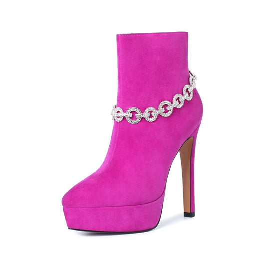 Nine Seven Suede Leather Handmade Women's Sexy Stiletto Heel Side Zip Up Platform Glitter Rhinestones Decor Sexy Ankle Booties