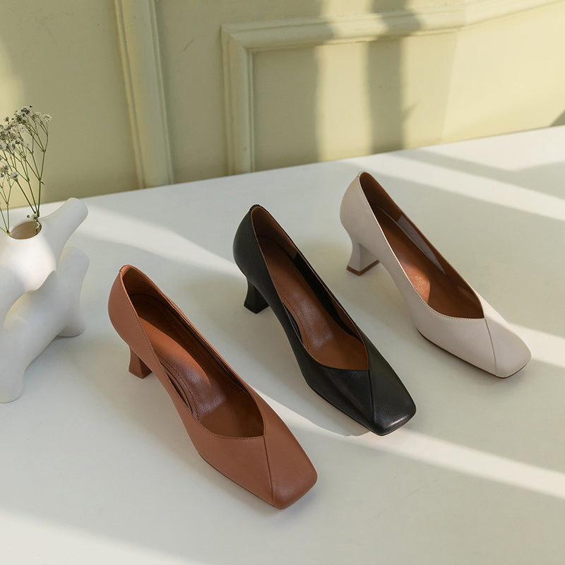 Nine Seven Genuine Leather Handmade Women's Square Toe Unique Mid Heel Slip On Comfortable Pumps