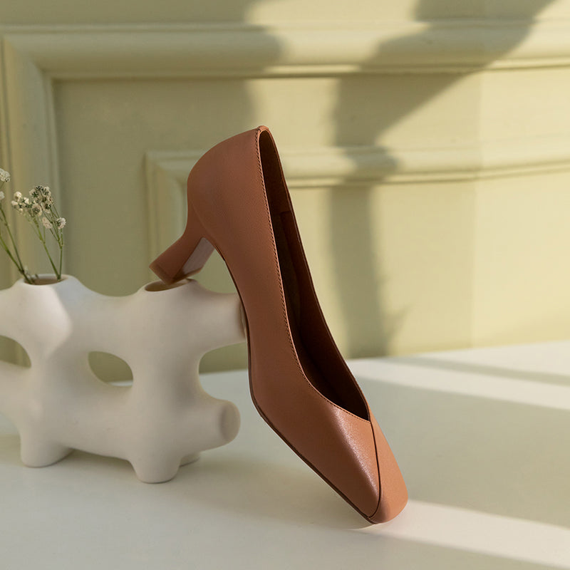 Nine Seven Genuine Leather Handmade Women's Square Toe Unique Mid Heel Slip On Comfortable Pumps