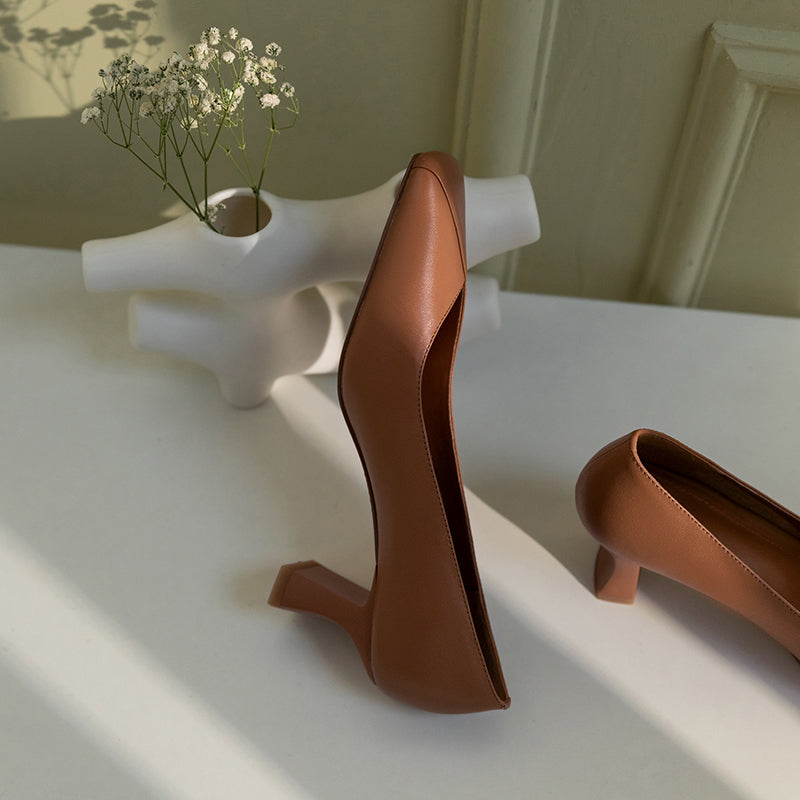 Nine Seven Genuine Leather Handmade Women's Square Toe Unique Mid Heel Slip On Comfortable Pumps