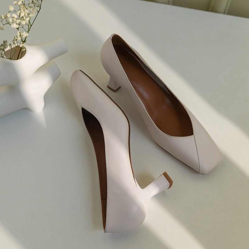 Nine Seven Genuine Leather Handmade Women's Square Toe Unique Mid Heel Slip On Comfortable Pumps