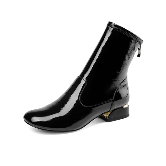 Nine Seven Women's Handmade Patent Leather Round Toe Comfort Flat Stylish Back Zipper Ankle Boots