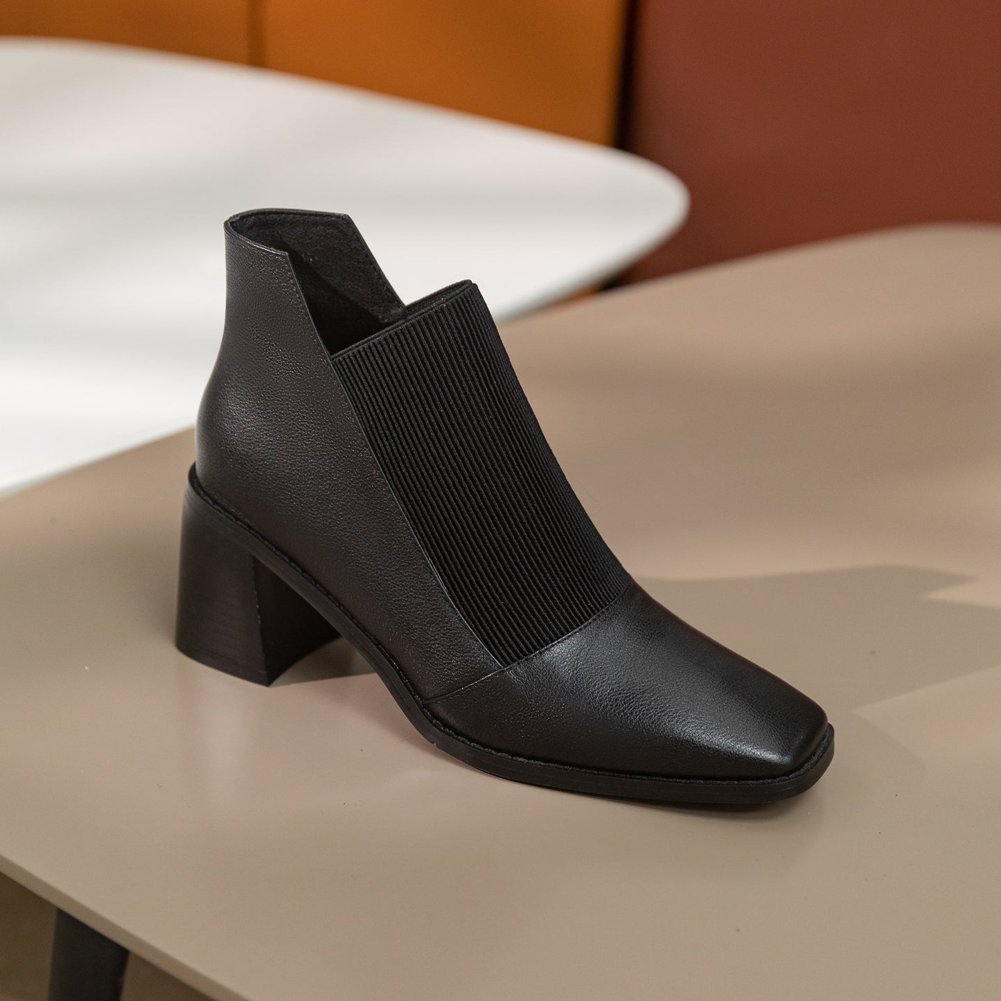 Nine Seven Women's Genuine Leather with Elastic Handmade Square Toe Mid Chunky Heels Casual Ankle Boots