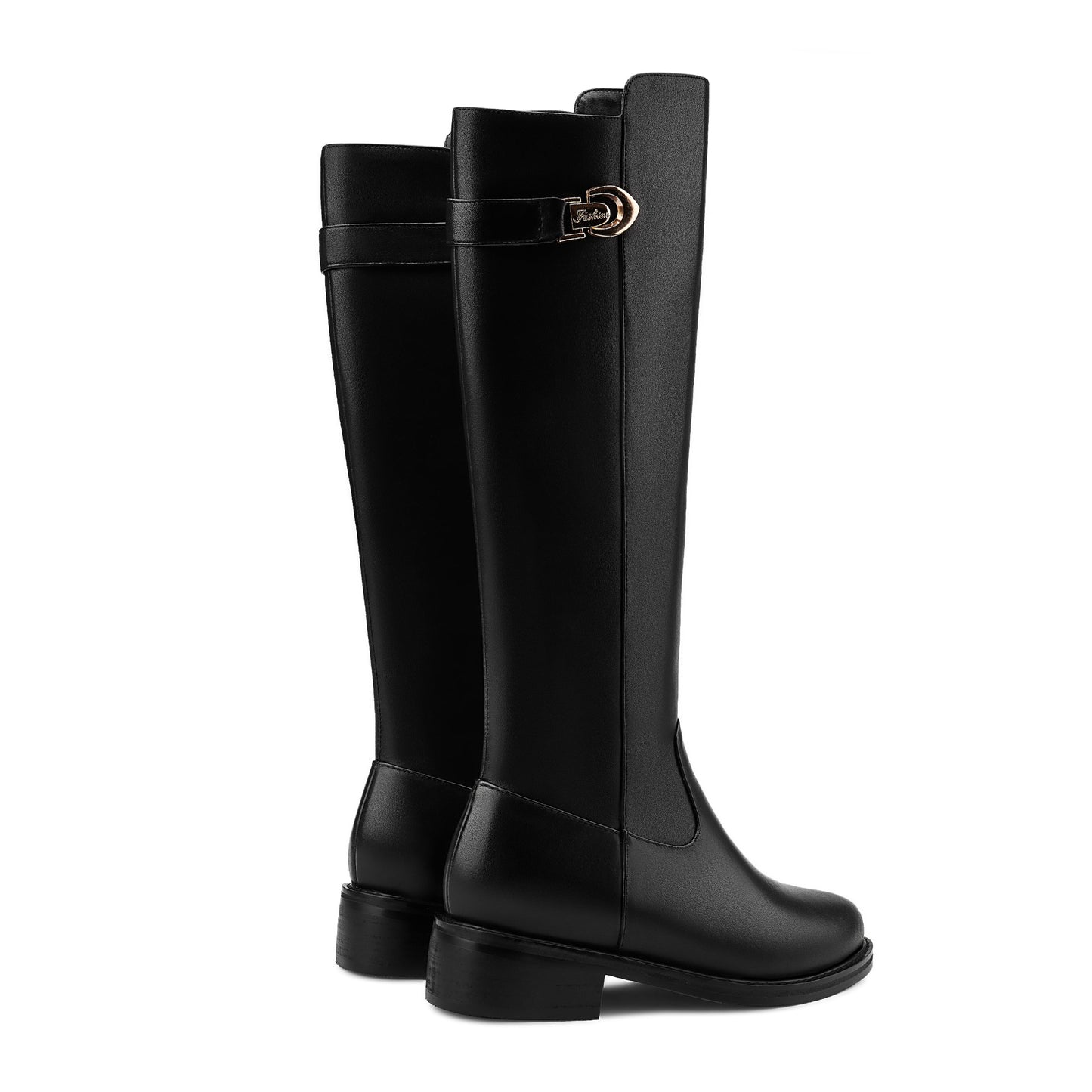 Nine Seven Women's Genuine Leather Round Toe Side Zipper Handmade Low Chunky Heel Comfort Knee High Boots with Metal Décor