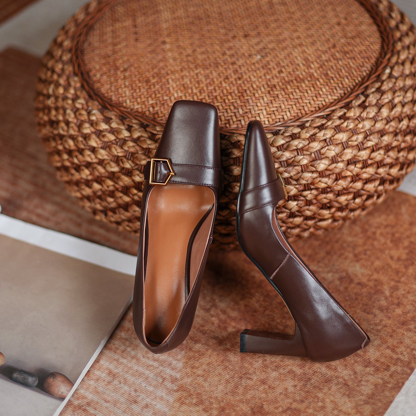 Nine Seven Women's Genuine Leather Square Toe Handmade Mid Chunky Heel Vintage Dress Pumps with Buckle