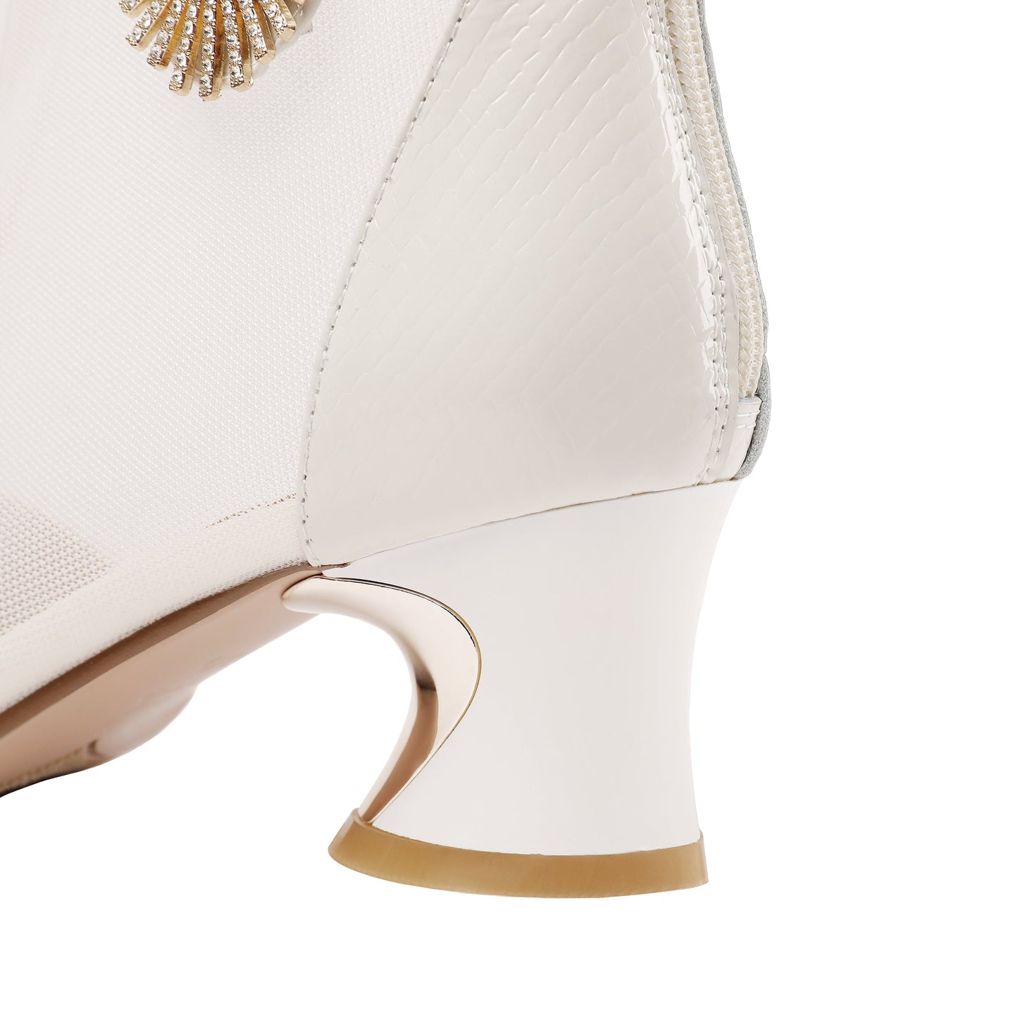 Nine Seven Women's Leather and Mesh Handmade Comfortable Spool Heel Back Zipper Pointy Toe Ankle Boots with Rhinestone and Crystal