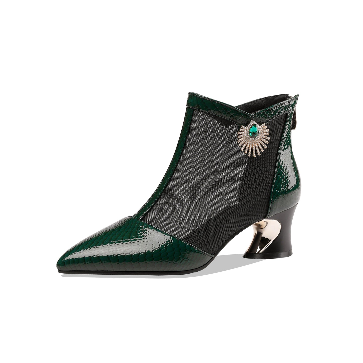 Nine Seven Women's Leather and Mesh Handmade Comfortable Spool Heel Back Zipper Pointy Toe Ankle Boots with Rhinestone and Crystal