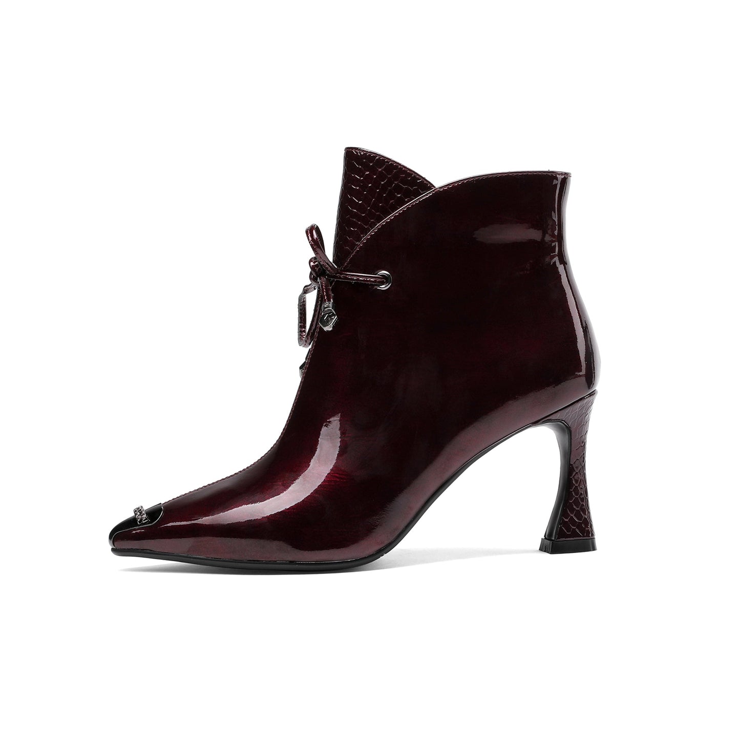 Nine Seven Women's Patent Leather Stylish Pointed-Toe Zip Up Stiletto High Heel Handmade Ankle Boots with Bowknot