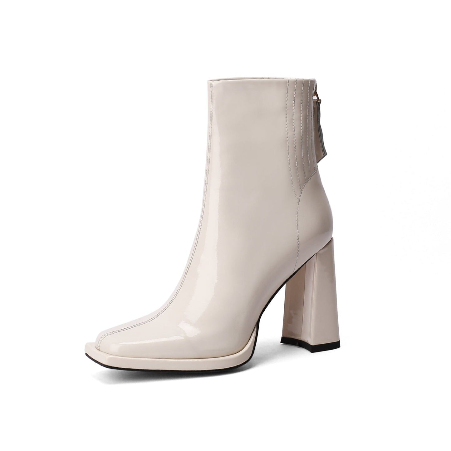 Nine Seven Women's Square Toe Patent Leather Handmade Back Zipper High Chunky Heels Chic Ankle Boots