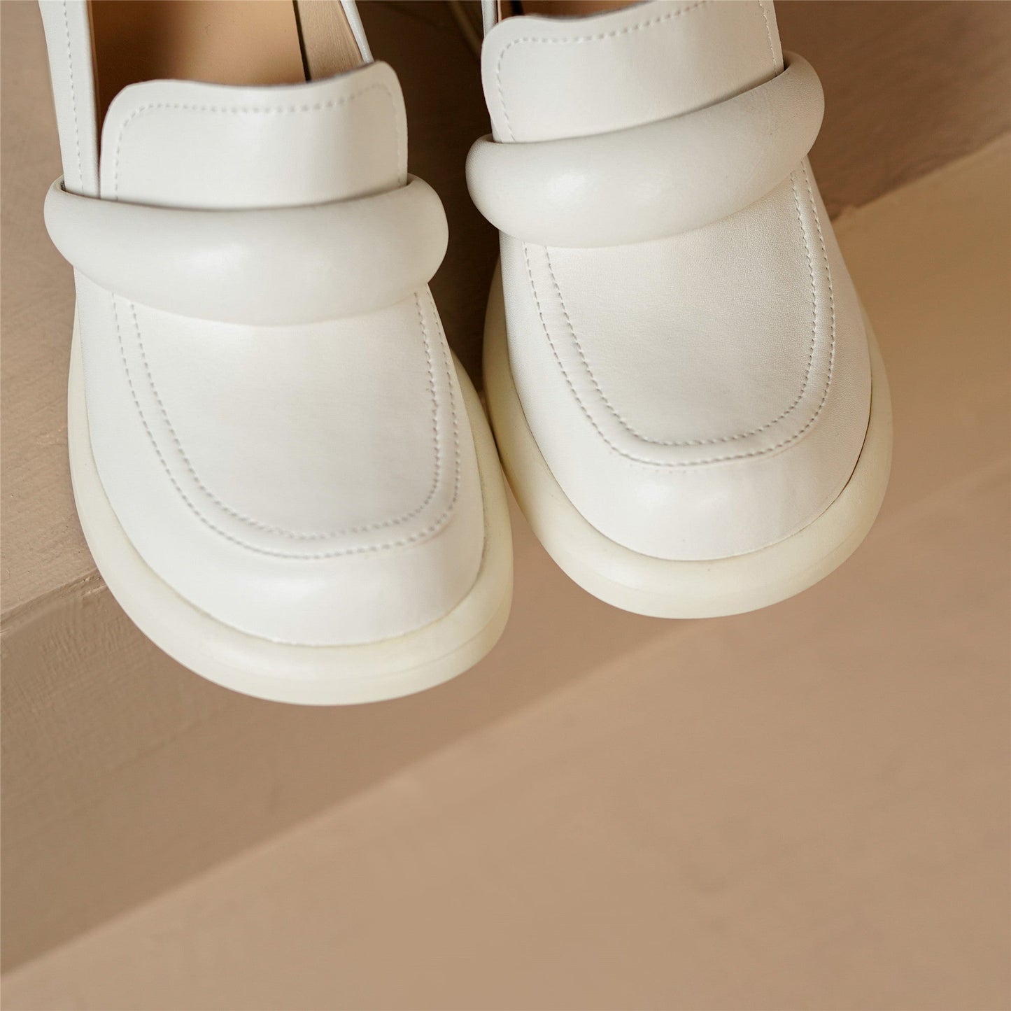 Nine Seven Handmade Women's Genuine Leather Slip On Round Toe Mid Chunky Heel Casual Loafer Pumps Shoes