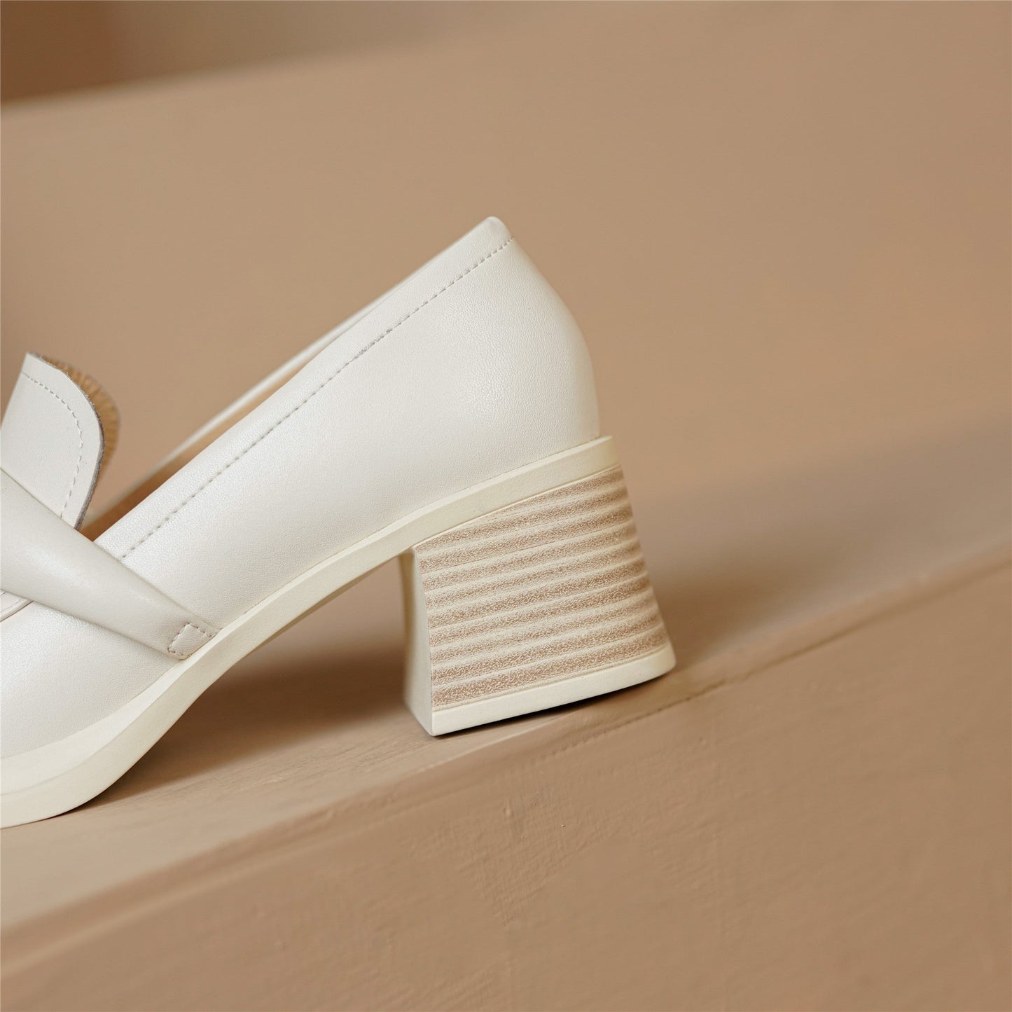 Nine Seven Handmade Women's Genuine Leather Slip On Round Toe Mid Chunky Heel Casual Loafer Pumps Shoes