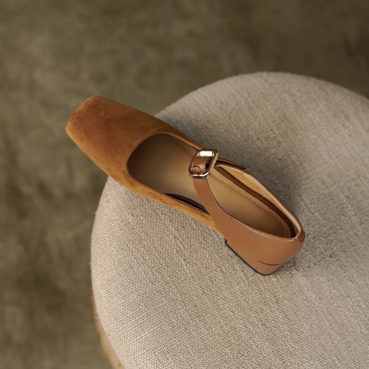 Nine Seven Women's Square Toe Genuine & Suede Leather Handmade Buckle Belt Low Chunky Heels Vintage Pumps Shoes