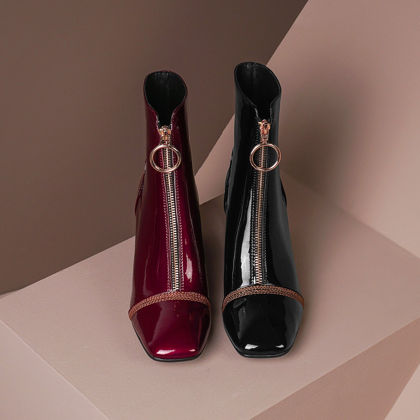 Nine Seven Women's Patent Leather Square Toe Handmade Front Zipper Mid Chunky Heels Trendy Ankle Boots