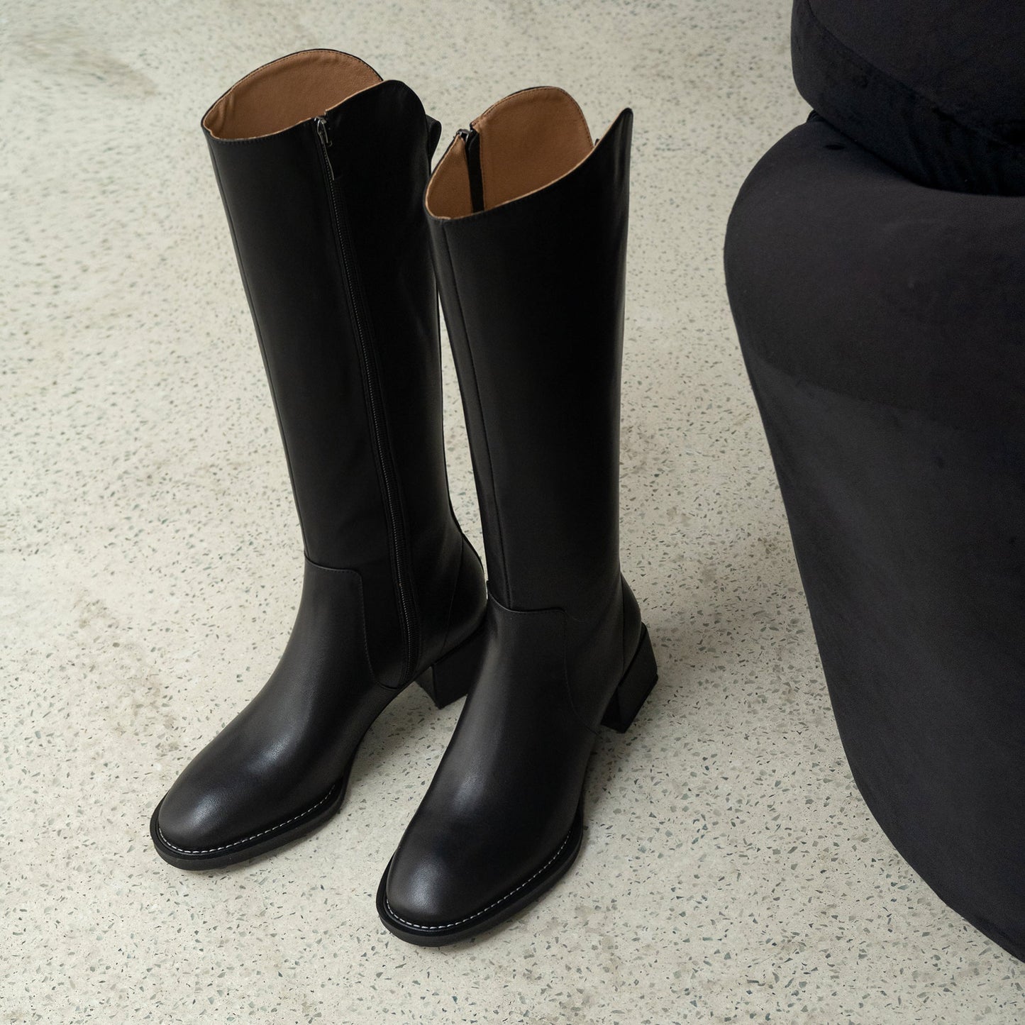 Nine Seven Women's Genuine Leather Handmade Block Heel Side Zip Up Round Toe Knee-High Riding Boots
