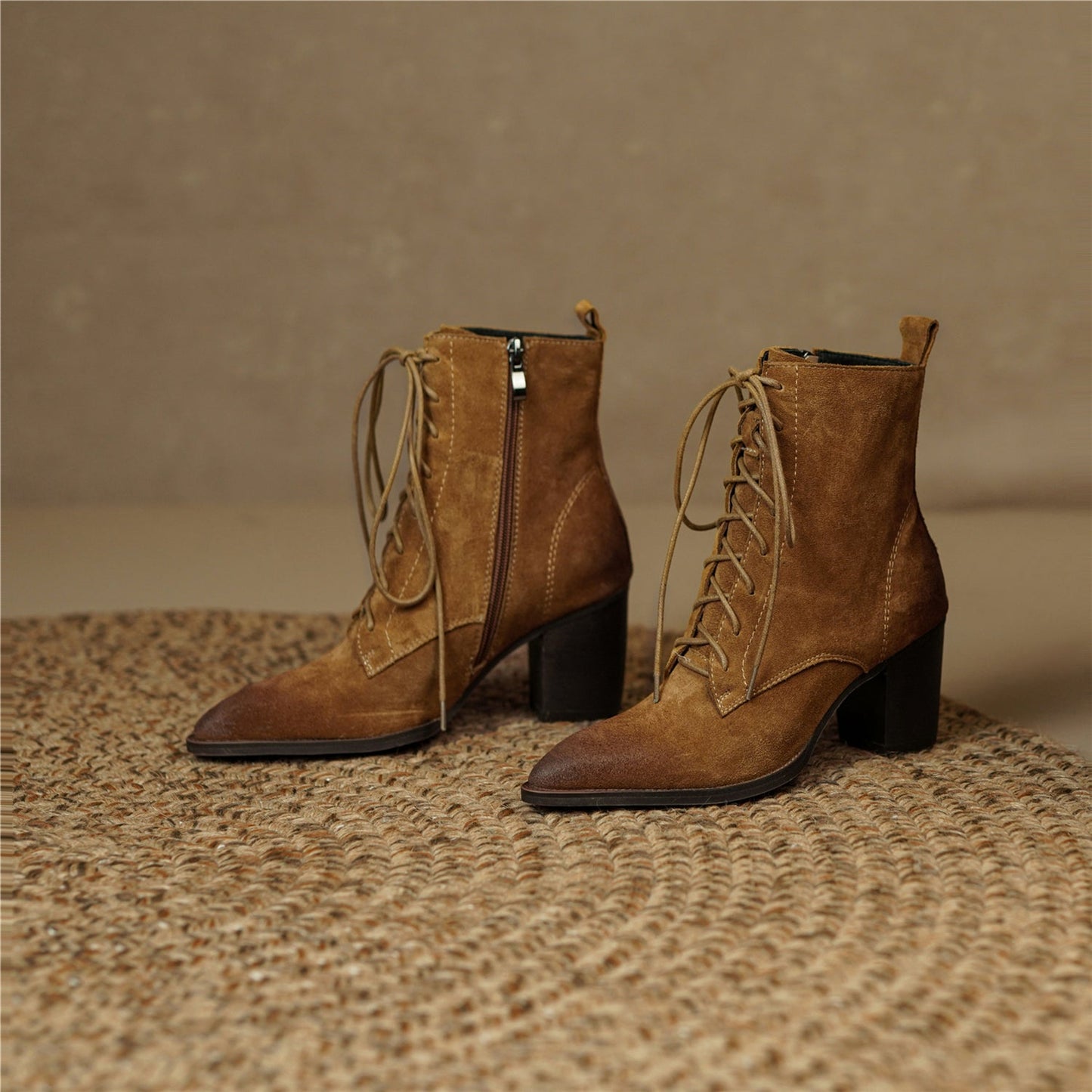 Nine Seven Handmade Women's Suede Leather Lace Up Pointed Toe Mid Chunky Heel Combat Boots Boots