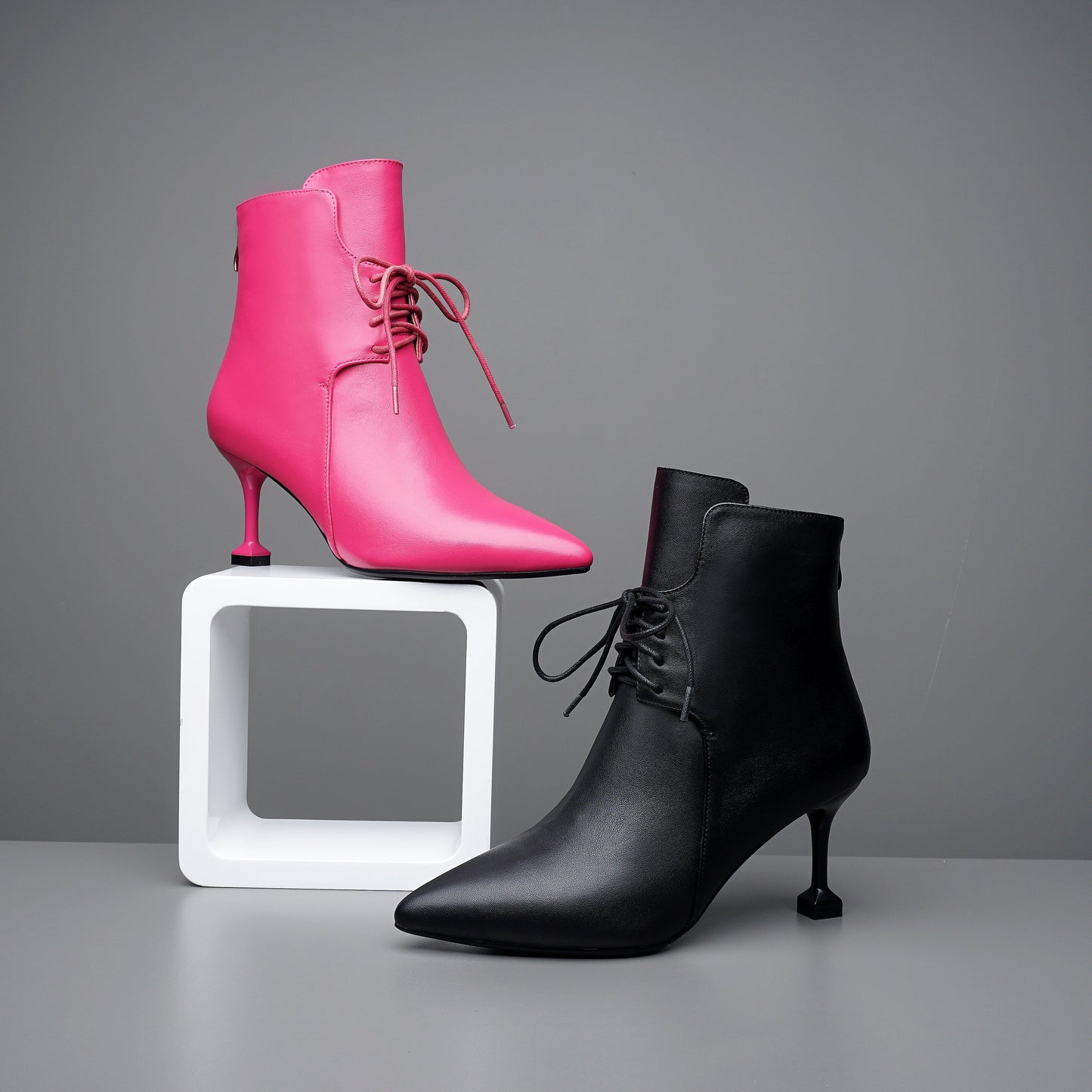 Nine Seven Women's Genuine Leather Pointed Toe Lace Up Back Zip Handmade Stiletto Heel Fashion Ankle Boots