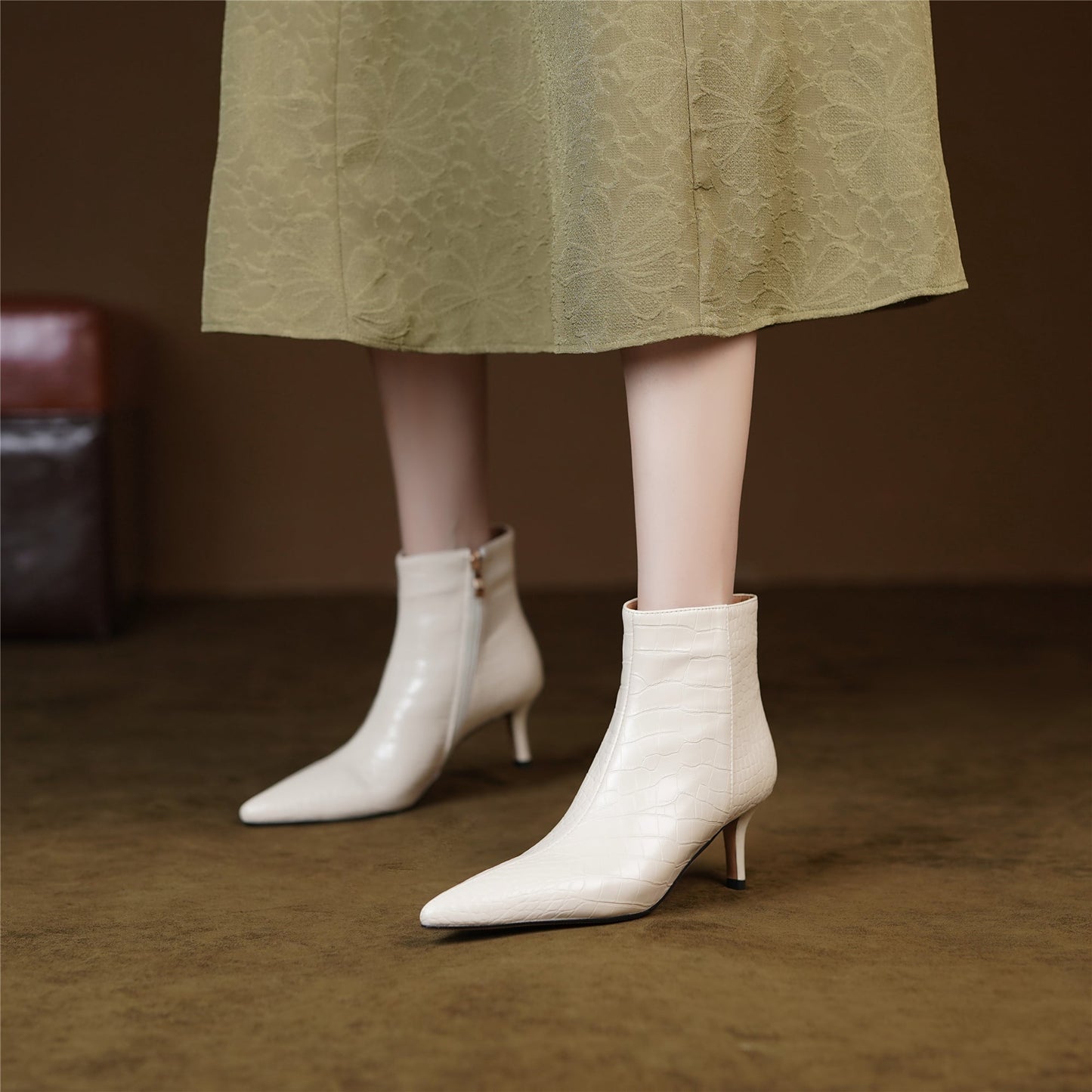 Nine Seven Women's Pointed Toe Genuine Leather Handmade Side Zipper Stiletto Mid Heels Elegant Ankle Boots